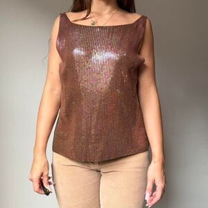 🪩 Vintage 90s 100% Silk Metallic Sequin Tank Blouse